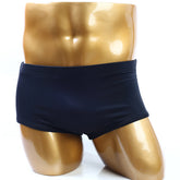Navy blue swim trunks from metromalewear classic bodybuilding trunk black 6 inches displayed on golden mannequin torso