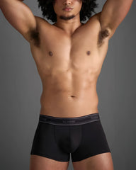 Classic cotton trunk black boxer briefs with gray elastic waistband featuring white brand name lettering
