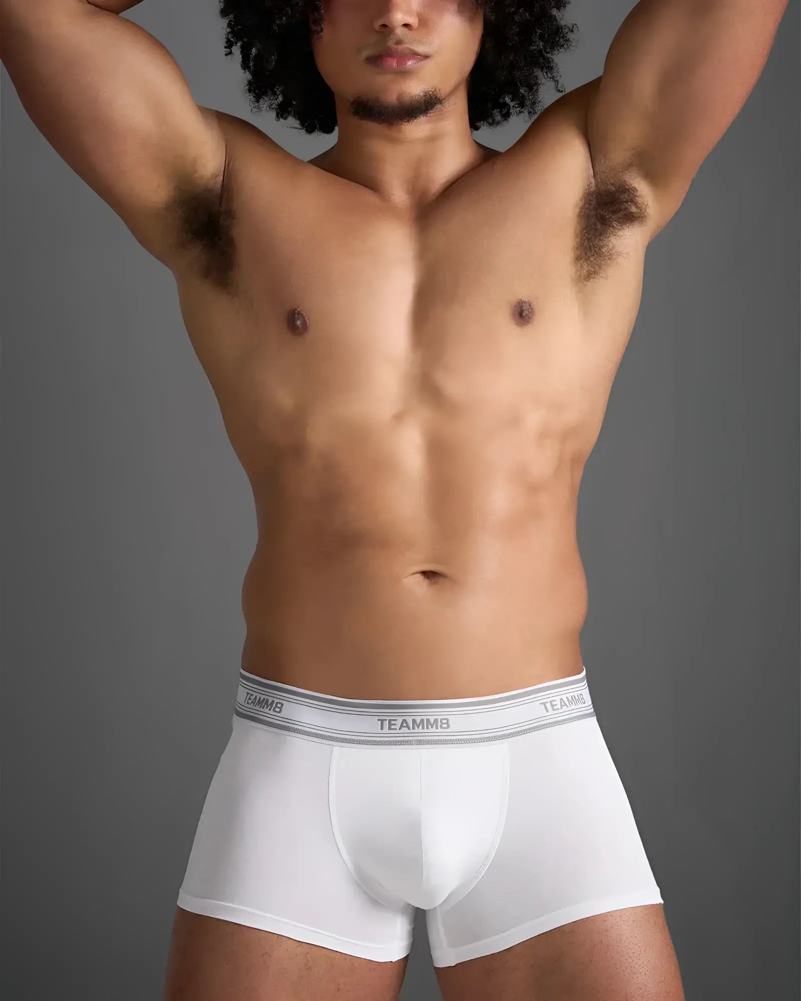 White classic cotton trunk boxer briefs with gray elastic waistband featuring black brand name lettering