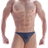 MetroMalewear posingwear classic posing suit metal black navy blue shiny latex thong shown from the back side