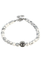 Classy wrinkle bracelet featuring white and black marbled beads with a silver-toned b charm