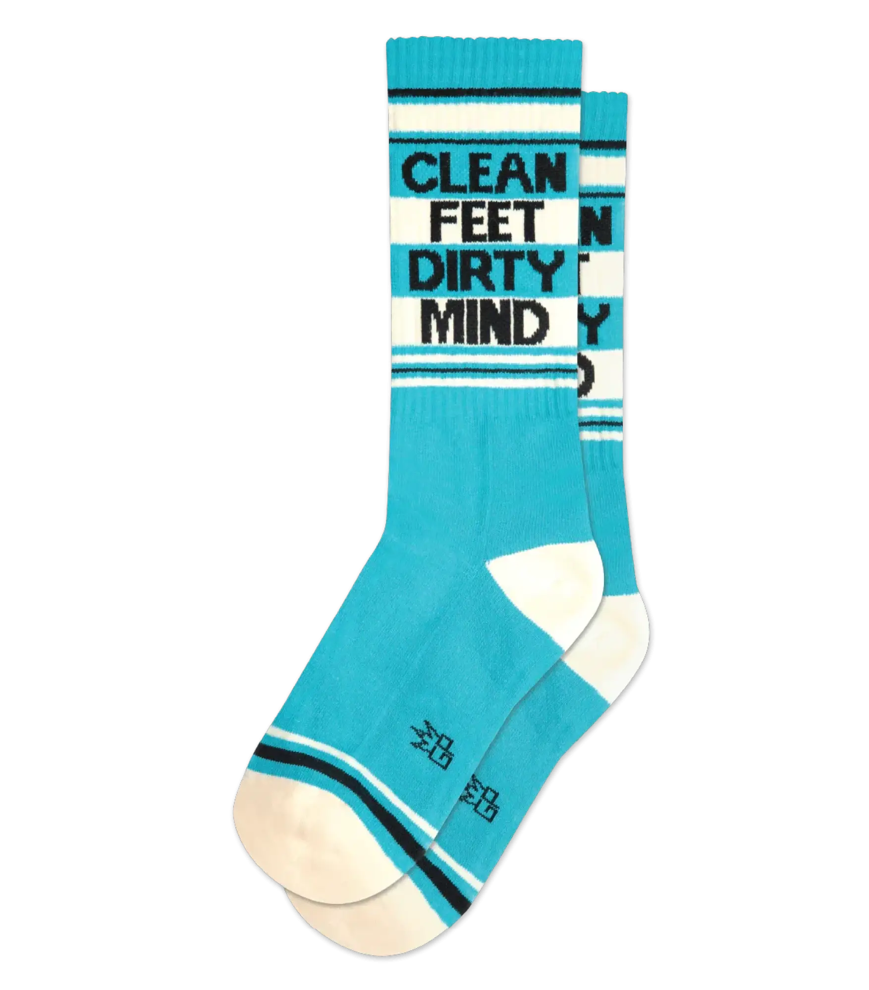 Turquoise and white striped crew socks with clean feet dirty mind text on cuff for casual wear