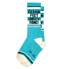 Turquoise and white striped crew socks with clean feet dirty mind text on cuff for casual wear