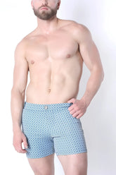 Clemente swim short limited edition blue patterned boxer shorts with subtle geometric design and white button waistband