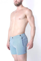 Light blue clemente swim short with subtle geometric pattern and matching zipper detail limited edition swim trunks