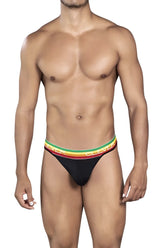 Black clever 0939 orion thong with vibrant rainbow-striped ceram waistband showing front view