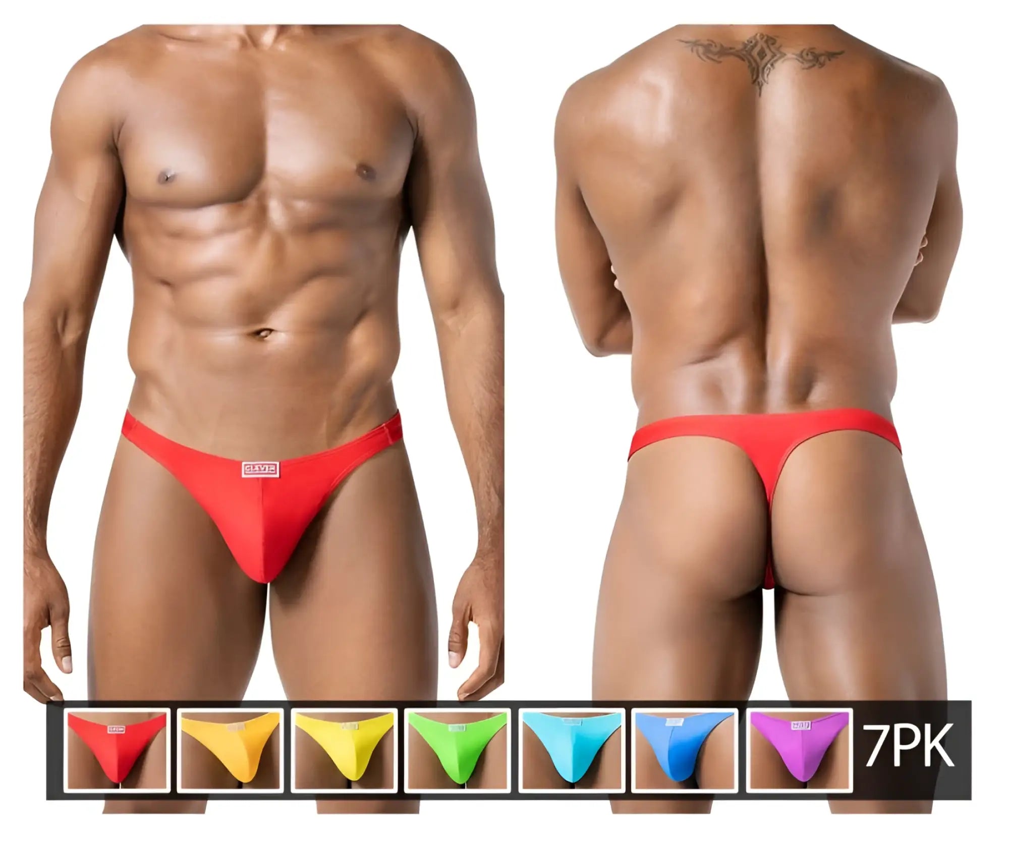 Red form-fitting thong with a small rectangular logo on the front from clever 10009 7pk pride thongs color multi-colored
