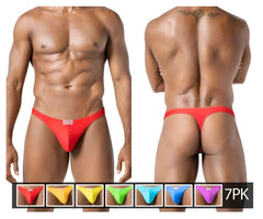 Red form-fitting thong with a small rectangular logo on the front from clever 10009 7pk pride thongs color multi-colored
