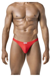 Red form-fitting briefs with a small white clever logo tag on the waistband from clever 10009 7PK pride thongs multi-colored collection