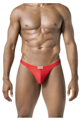 Red form-fitting briefs with a small white clever logo tag on the waistband from clever 10009 7PK pride thongs