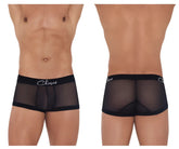Black sheer boxer briefs with a black elastic waistband featuring the clever brand name in white cursive script