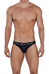 Black patent leather briefs with a sleek glossy finish and clever gold lettering on the waistband from clever 1410 earth thongs