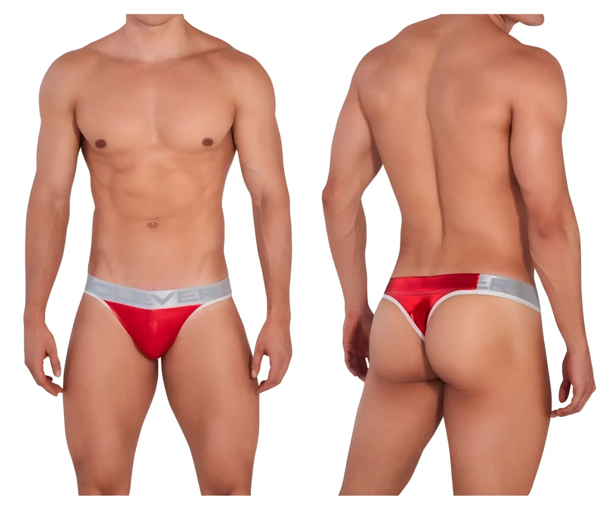 Red satin briefs with a silver elastic waistband branded ever from clever 1410 earth thongs in red