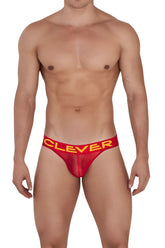 Red clever 1411 wind thongs briefs with a bold yellow logo on the waistband showing the front side