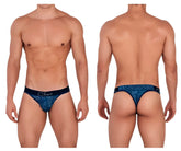 Blue patterned men’s briefs with black waistband featuring clever brand name in lush dark blue color