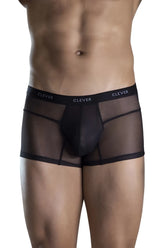 Black clever 1673 legend trunks sheer mesh briefs with solid inner panel and elastic waistband in black color
