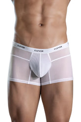 White sheer boxer briefs with solid white front panel and Clever branding on waistband in Clever 1673 Legend Trunks color white