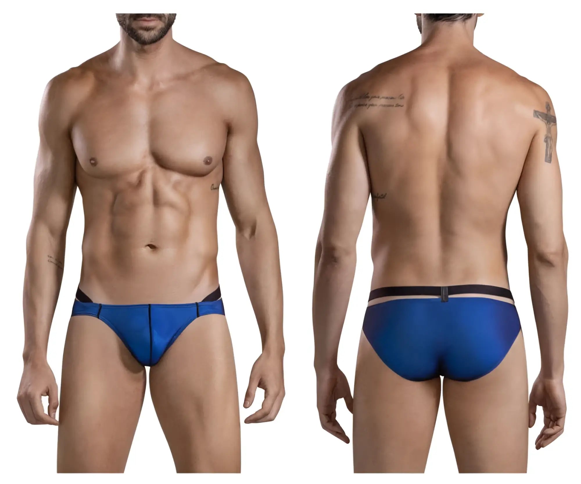 Blue clever 1675 eroticism bikini swim trunks with black trim and central buckle at waistband for stylish beachwear