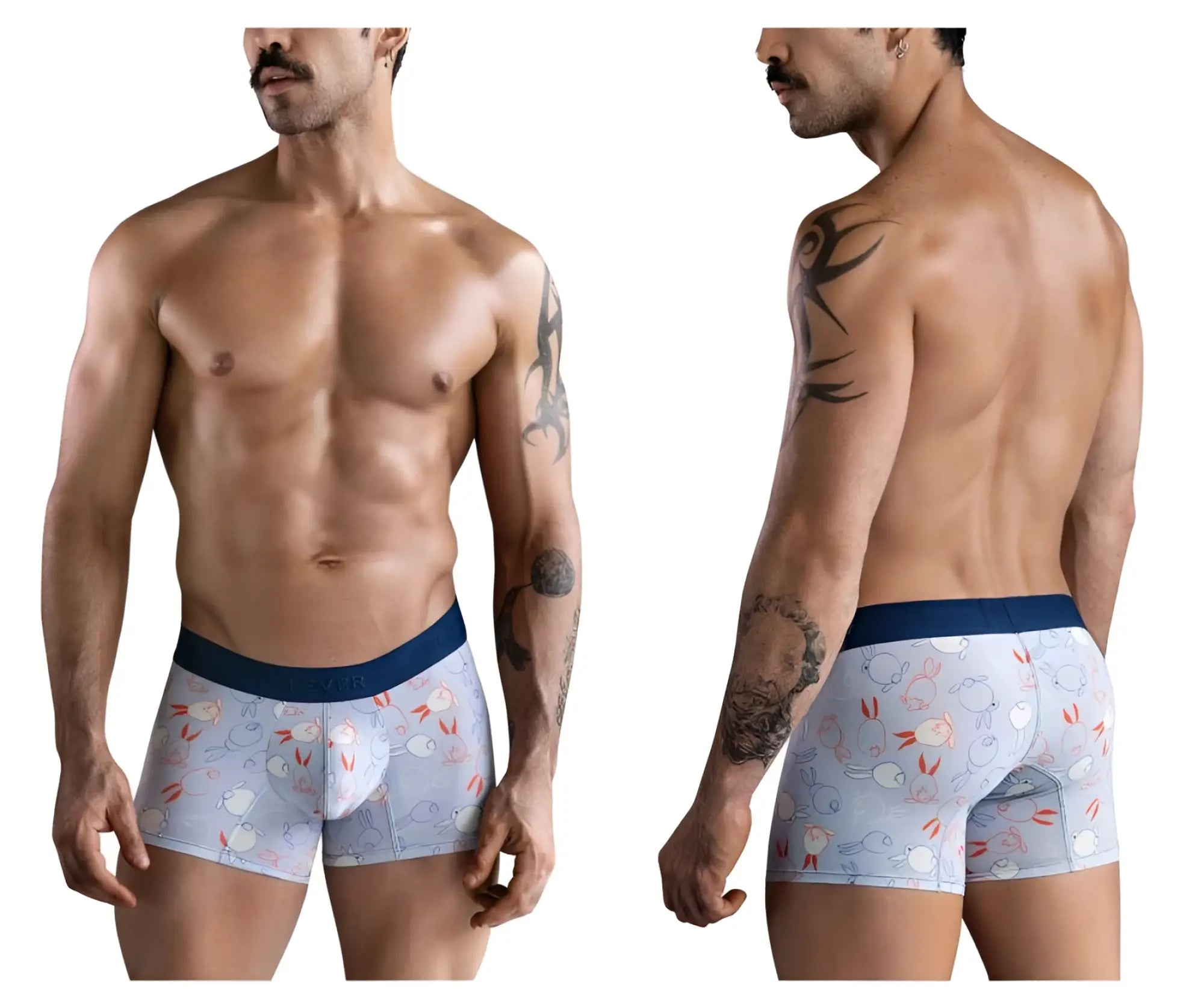 Light blue clever 1723 coney trunks boxer briefs with playful cartoon rabbits and carrots and a navy waistband