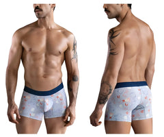 Light blue clever 1723 coney trunks boxer briefs with playful cartoon rabbits and carrots and a navy waistband