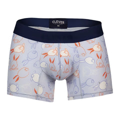 Light gray clever 1723 coney trunks boxer briefs with orange and blue rabbit pattern and navy branded waistband size m