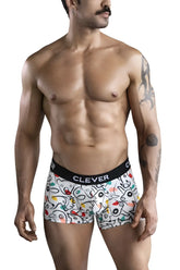 White clever 1725 grange trunks boxer briefs with colorful cartoon animal print and black branded elastic waistband