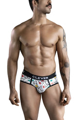 White clever 1726 grange briefs with playful cartoon pattern and black elastic waistband for comfortable wear