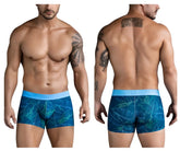 Blue tropical leaf-patterned men’s boxer briefs with light blue elastic waistband clever 1727 shape trunks dark blue
