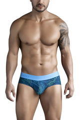 Clever 1728 shape briefs in dark blue with blue tropical leaf pattern and light blue waistband for comfortable wear
