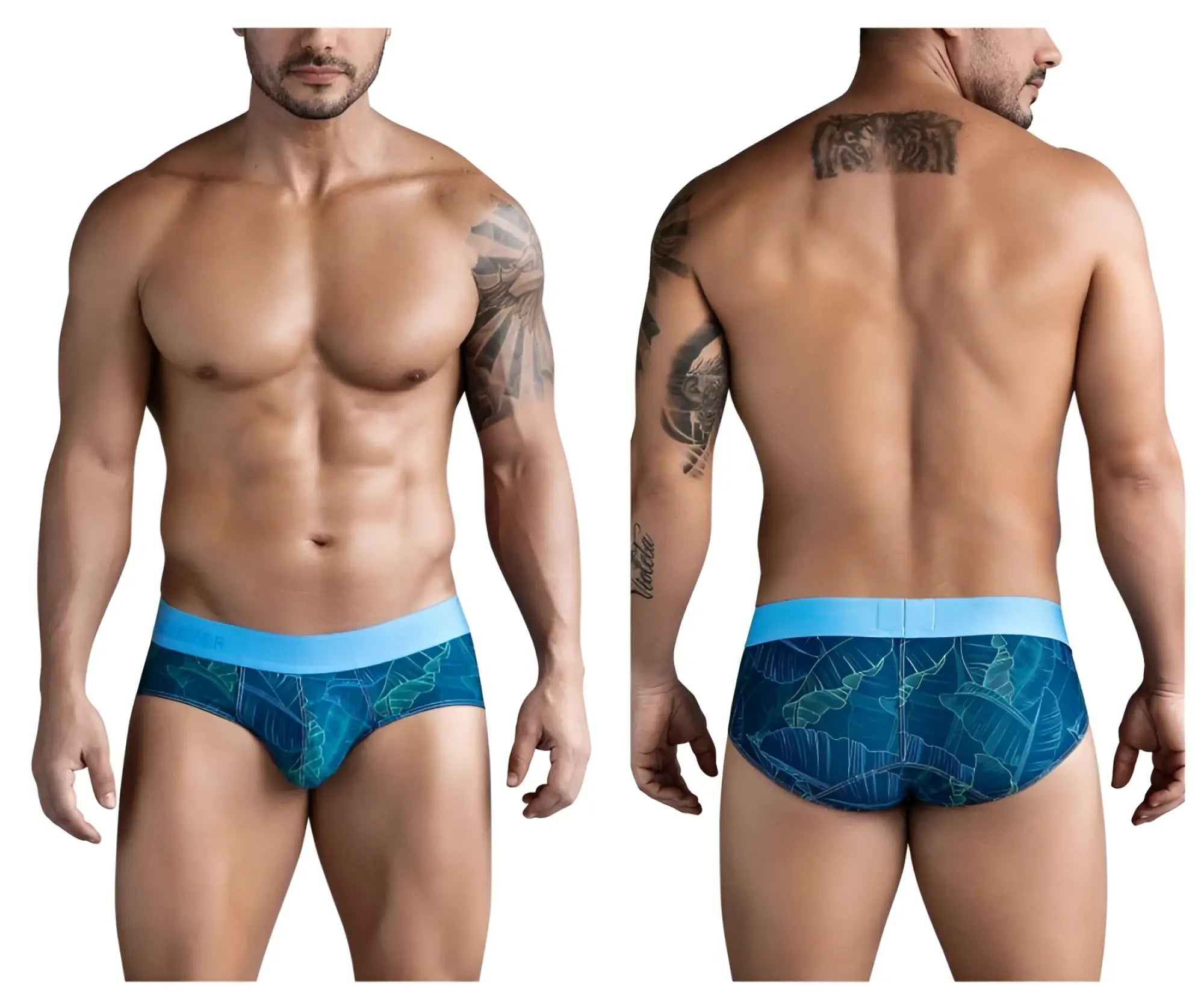 Blue tropical leaf patterned clever 1728 shape briefs with light blue waistband in dark blue color