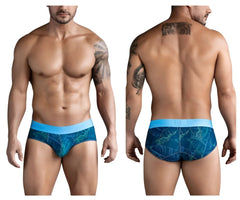 Blue tropical leaf patterned clever 1728 shape briefs with light blue waistband in dark blue color