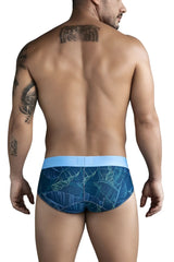 Clever 1728 shape briefs in dark blue with a blue tropical leaf pattern and light blue waistband for comfortable wear