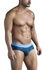 Blue tropical leaf-patterned clever 1728 shape briefs with light blue waistband in dark blue color