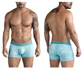 Light blue clever 1729 rose trunks boxer briefs with white leaf pattern and solid teal waistband