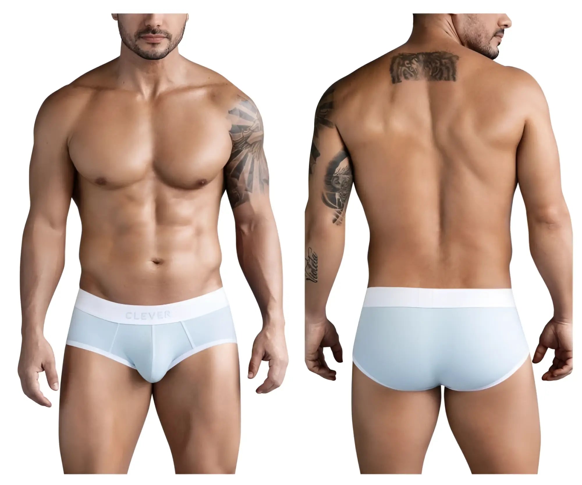 Light blue ribbed cotton briefs with white elastic waistband and clever branding from clever 1733 colors briefs collection