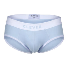 Light blue ribbed cotton briefs with white elastic waistband featuring clever brand name for comfortable wear