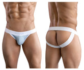 White and light blue textured fabric briefs with white waistband branded clever in clever 1734 colors jockstrap blue
