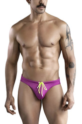 Purple clever 1735 vivo swim briefs with bright yellow drawstrings designed for swimwear use