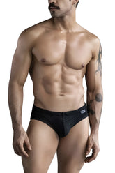 Black clever 1743 island swim briefs with black mesh fabric and subtle textured pattern front view