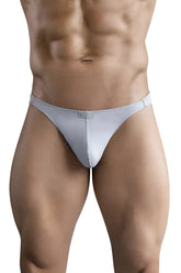 Light gray seamless fabric briefs with subtle Clever 1745 Optimo thong brand tag at the waistband front side