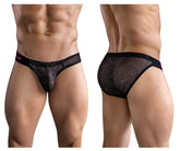 Black mesh briefs with geometric pattern and pink clever branding on waistband from clever 1747 geometric bikini color black