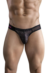Black mesh thong bikini with geometric pattern and pink clever branding on waistband front view