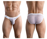 White sheer mesh briefs with geometric pattern and white elastic waistband featuring clever logo in blue on left side