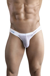 White sheer mesh briefs with solid white waistband and clever brand name in blue from Clever 1747 geometric bikini color white