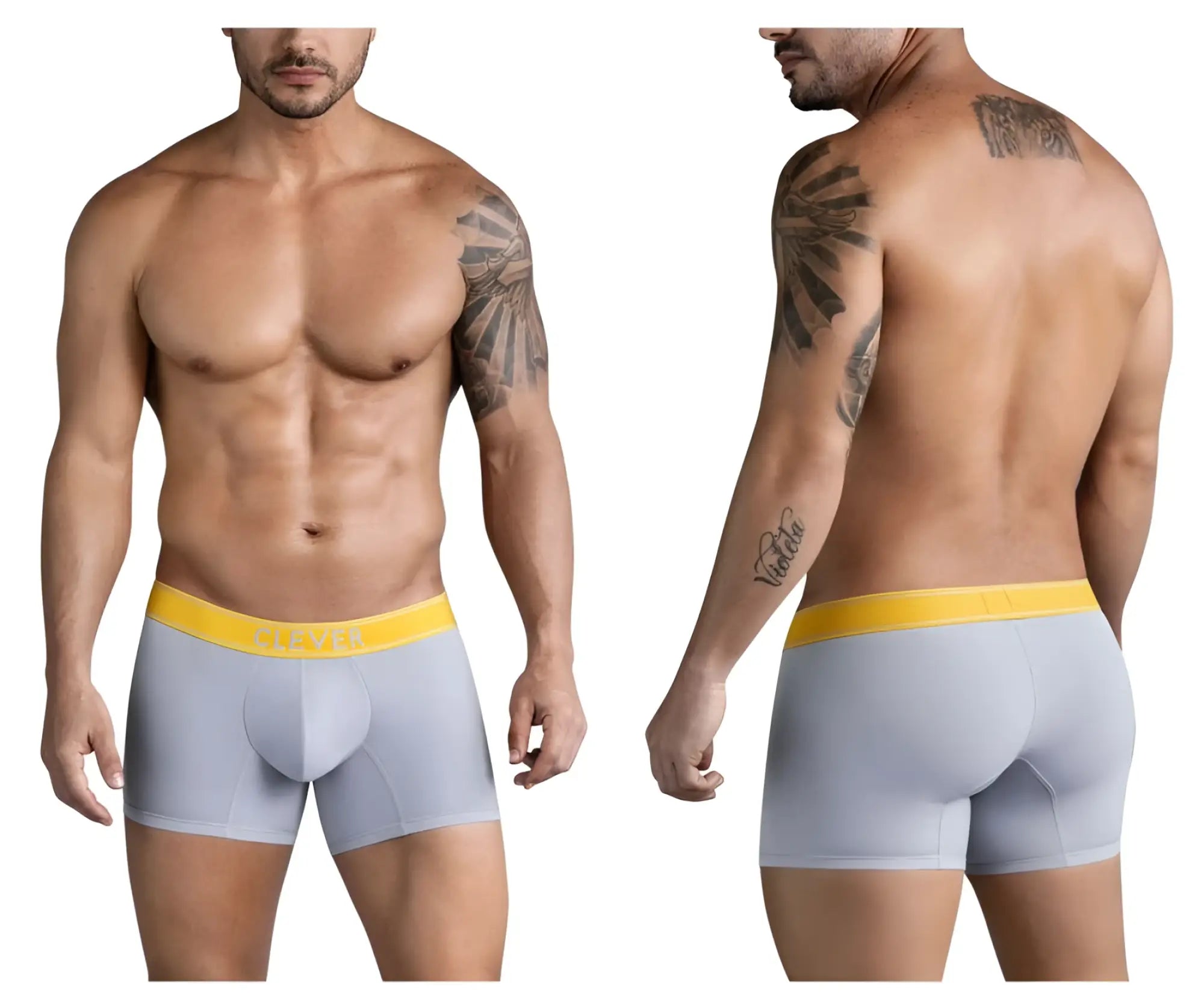 Light gray clever 1755 diseno trunks with bright yellow victor elastic waistband featuring black logo print