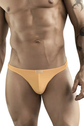 A sleek mustard yellow clever brand thong made of smooth stretchy fabric with a minimalist design color orange