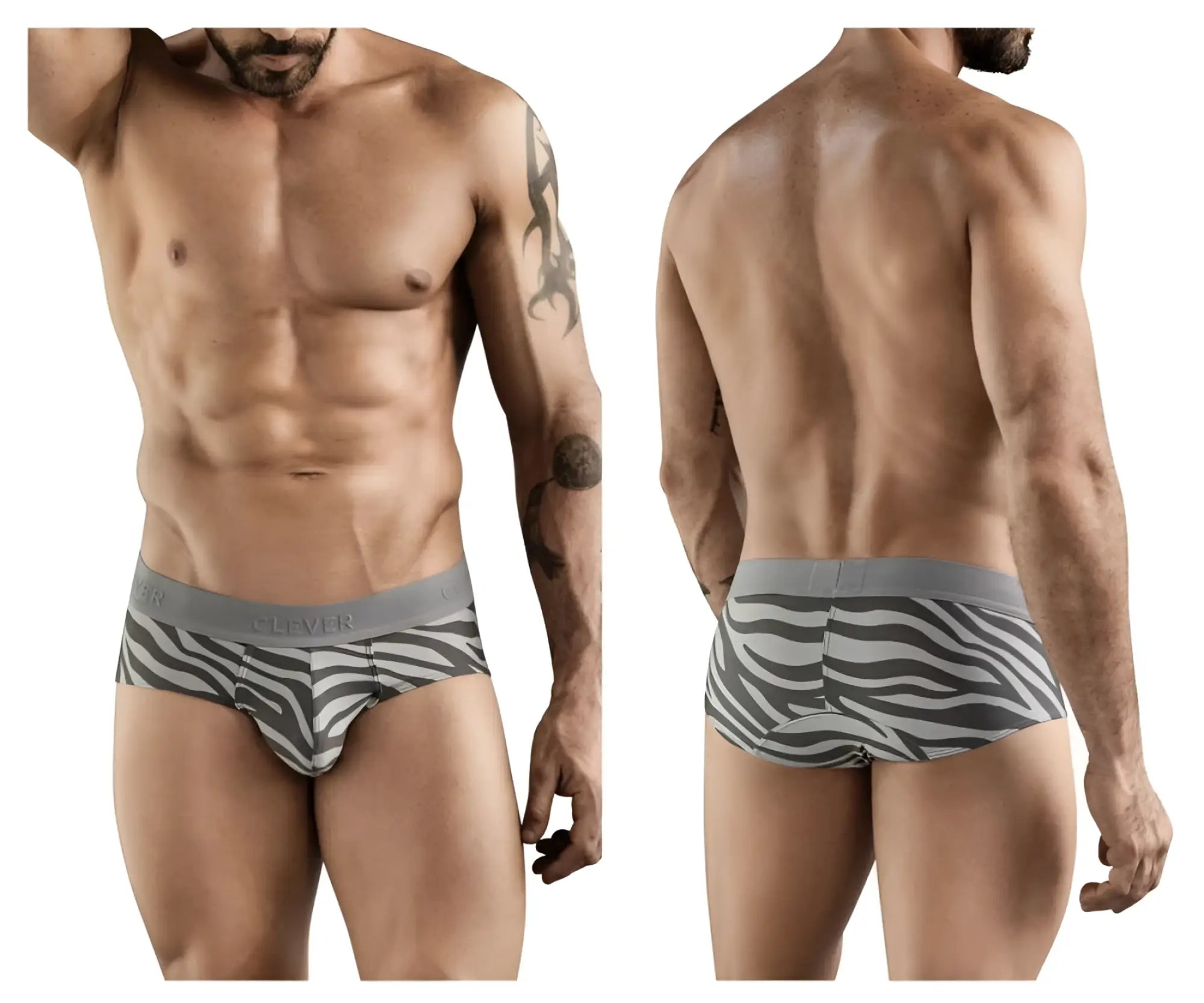 Gray and white zebra-striped clever 1801 cebra men’s briefs with branded elastic waistband for comfortable wear
