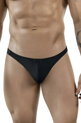 Black sleek form-fitting clever 1830 desirable thong with subtle brand tag at center front in smooth fabric