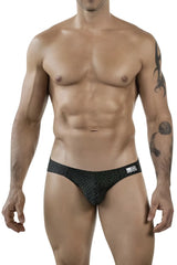 Black patterned briefs with geometric design and small white Clever 1853 Laberin brand tag on the waistband