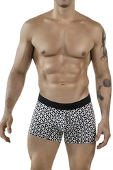 Black and white geometric patterned boxer briefs with solid black waistband from Clever 1854 Cuadricula trunks color white